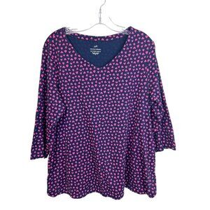 J. Jill Navy & Pink Heart Print Pima Cotton 3/4 Sleeve V-Neck Tee Top XL